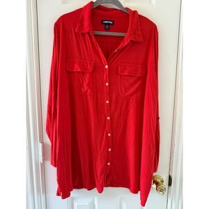 Lands' End 3X Red Knit Button Front Tunic‎ Top Long Sleeve Rayon Stretch Plus